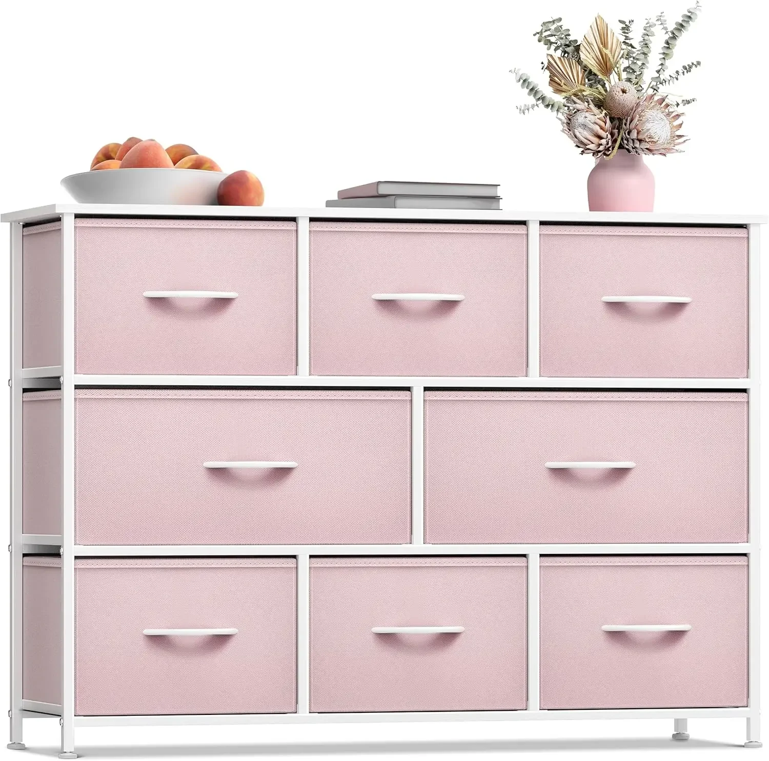 Kids Dresser with 8 Drawers - Chest Organizer Unit with Steel Frame Wood Top & Handle, Fabric Bins for Clothes - Wide Furniture