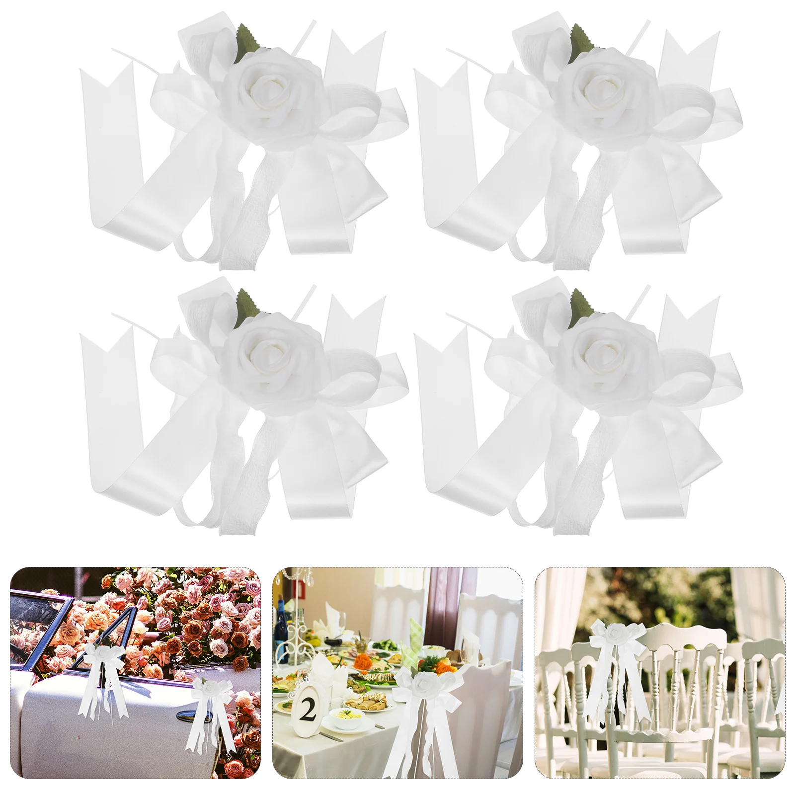 

4Pcs White Artificial Flower Ribbons for Wedding Car Decorations Door Handles Chairs Staircase Timeless Romantic Touch
