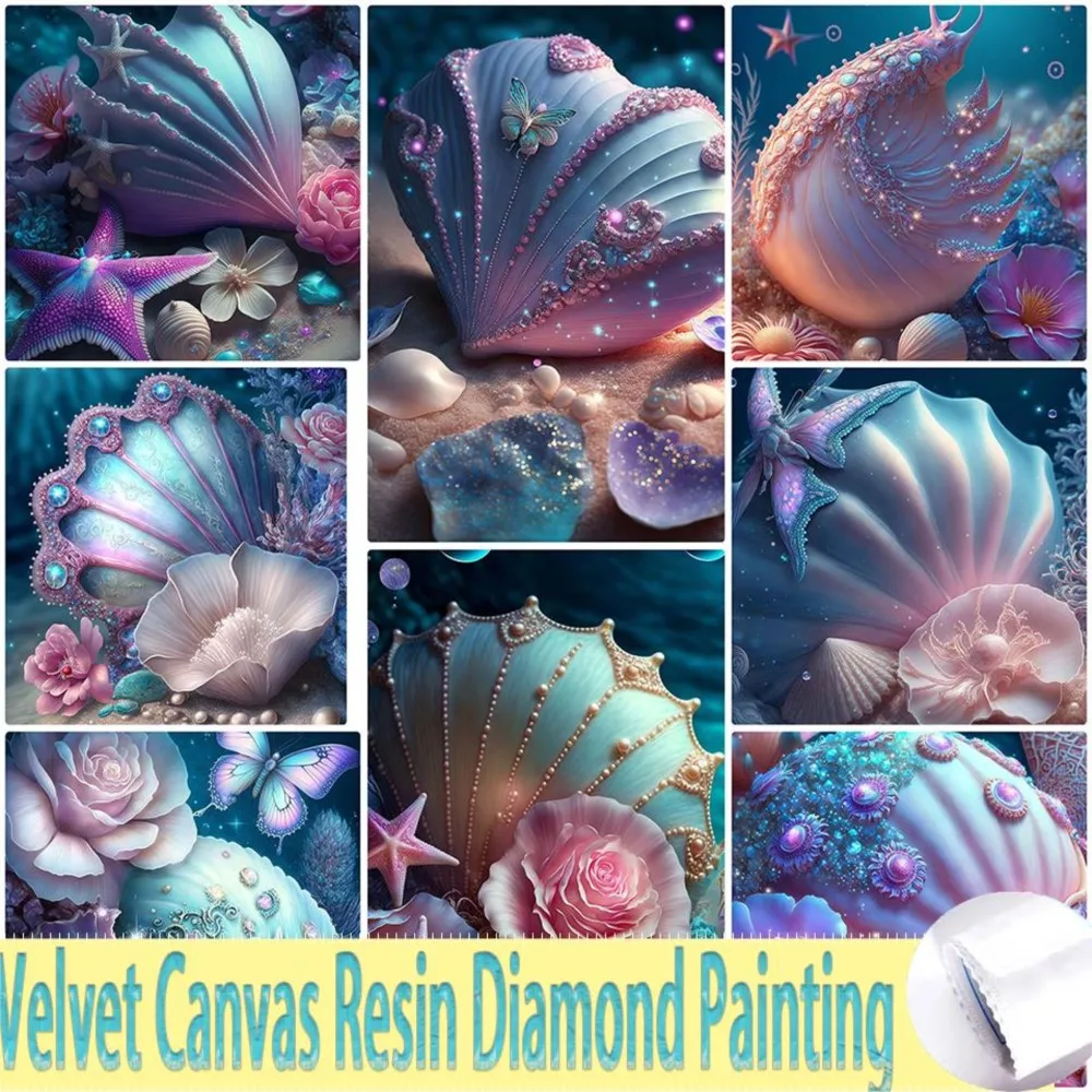 DIY Velvet Canvas Resin Diamond Painting Cross Stitch Beach Conch Shell Pearl Embroidery Sale Rhinestone Art Fantasy Landscape