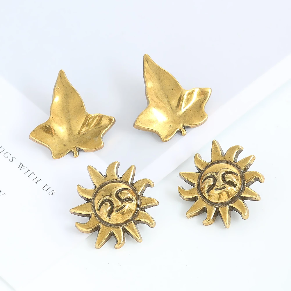 5PC Retro Golden Maple Leaf Foliage Sun Metal Shank Handle Button Charm Dangle Pendant Jacket Jeans Apparel Sewing Clasp Crafts