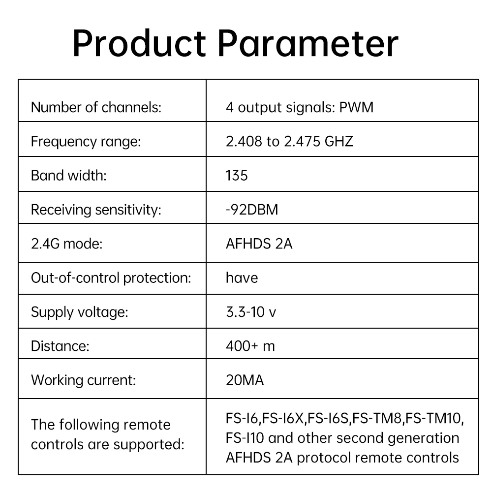 DC 3.3 ~ 10V FS2A-4CH 4 ช่องสัญญาณ PWM โมดูลเครื่องส่งสัญญาณ 2.408 ~ 2.475GHz Flight Control Sensor พร้อม Runaway Protection