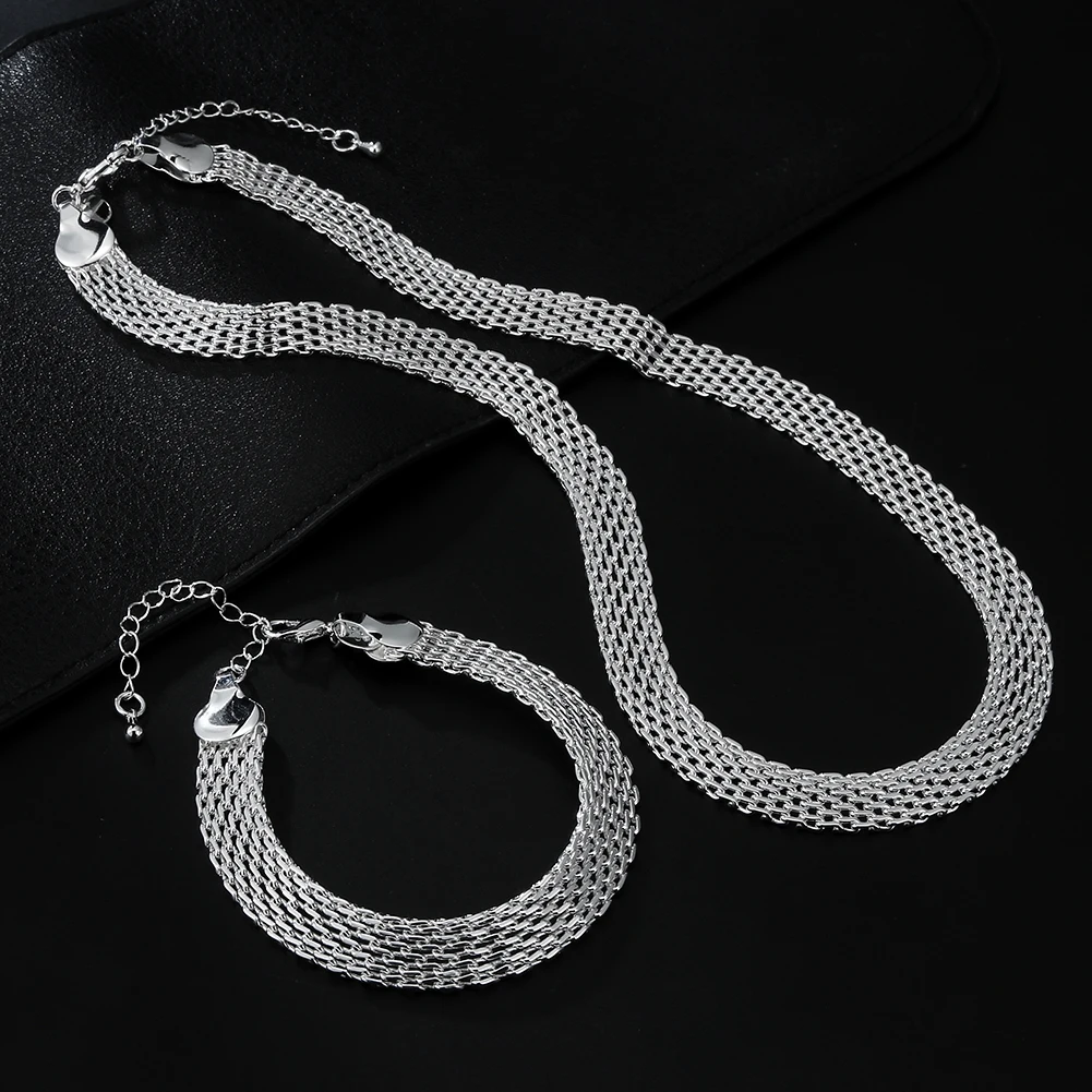 

Jewelrytop 925 Sterling silver Net chain Bracelet necklace Set for women lady fashion party wedding jewelry sets gifts