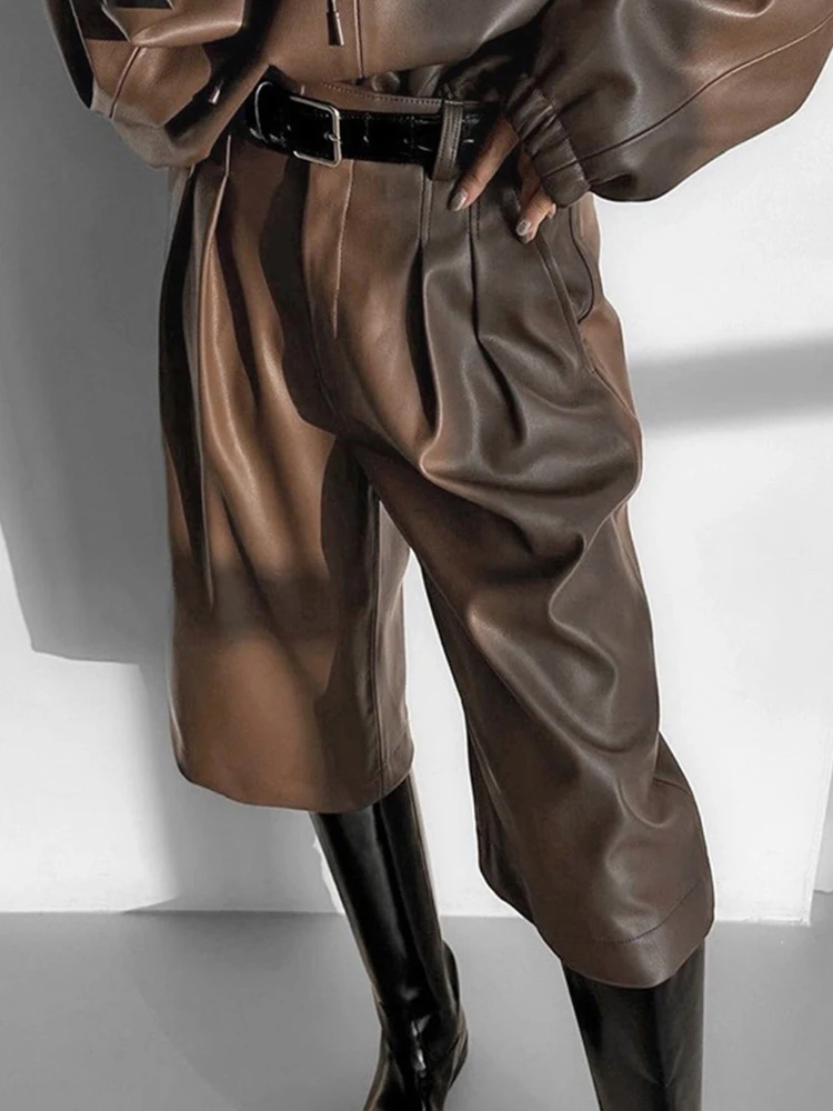 Mueyaruho 2023 Women Autumn Winter Fashion Leather Pant Set Solid Brown Outfits Hoodies 2 Two Piece Matching Short Set Suits