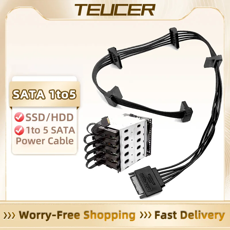 TEUCER 1 to 5 SATA 15Pin Hard Drive Power Supply Splitter Cable Cord 1 Male To 5 4PIN Extension Power Cord for DIY PC Sever