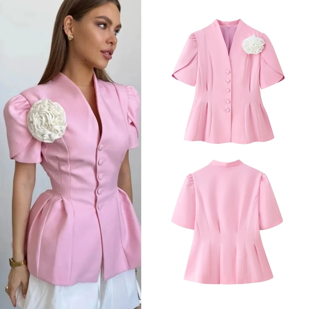 

Spring Women's Slim t-Shirt with Follow Short Sleeve V-neck Single Breasted Solid Simple Office Commuter Casual Blouse Shirt