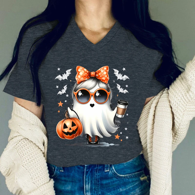 Halloween Ghost Graphic T Shirts Women Pumpkin Coffee Lovers T-shirt Fashion Ghost Print Woman Funny Halloween Casual T-shirts