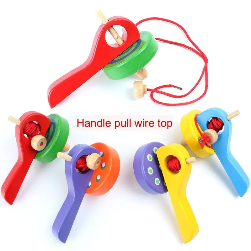 

Wooden handle pull wire creative wooden colourful spinning gyroscope children's leisure puzzle hand-eye coordination toys