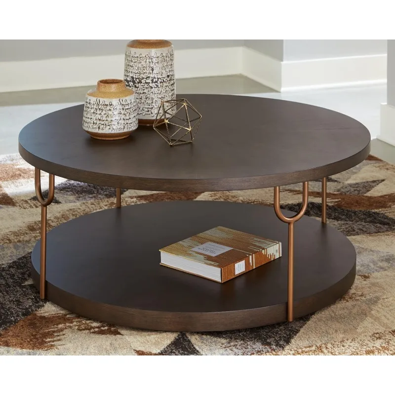 Multi Purpose Modern Style Contemporary Round Coffee Table,Fixed Lower Shelf.Casters for Easy Mobility Suitable for Living Room