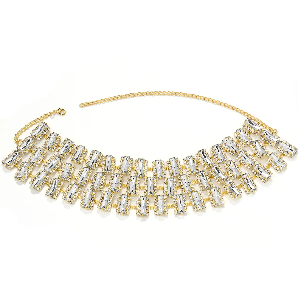 Cross-Border New Hip Hop Exaggerated Multi-Square Drill Nelace Chain Sparkling Clavicle Chain Women's Faion Jewelry