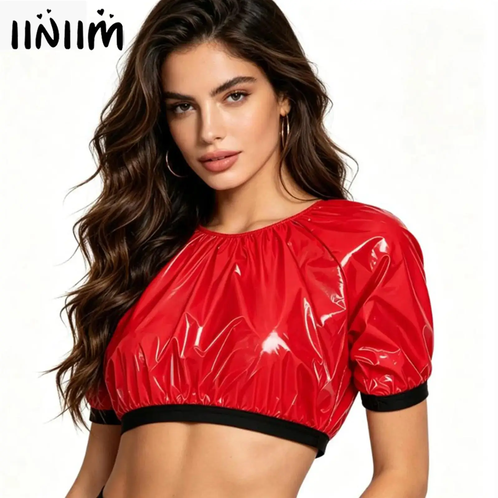 Womens Water Resistant Cropped Shirt Athletic Training Glossy Blouse Trims Short Sleeve Pullover Vinyl Special Needs T-shirt