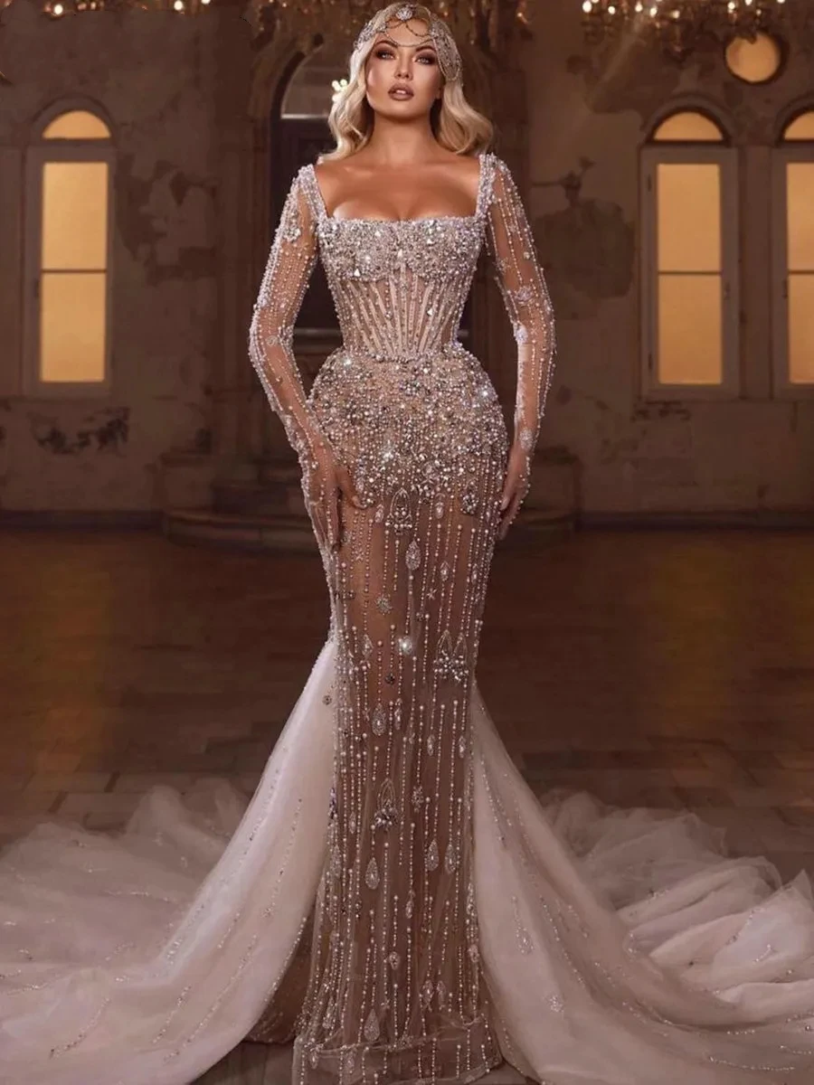 Sparkly Mermaid Wedding Dress Crystal Pearls Bridal Gowns Detachable Train Custom Made Vestidos De Novia Sirena