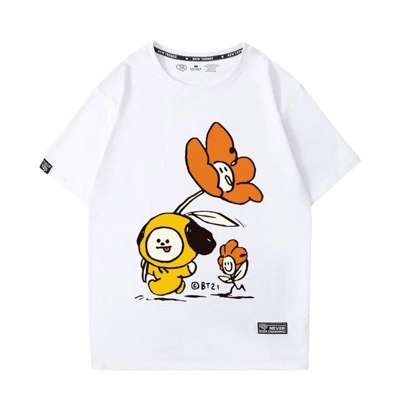 Bt21Ed Kawaii Anime Tata Rj Cooky T-Shirt Cute Cartoon Chimmy Round Neck Printing Flower Couple Short-Sleeved Girl Gift