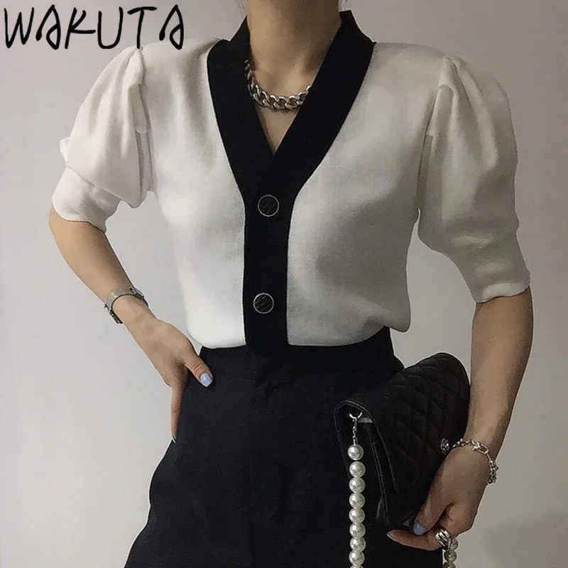 WAKUTA Summer Elegant Puff Short Sleeve Cardigan Women 2024 Korean Design Solid Single Breasted Chic Knitted Tops Ottfice Lady