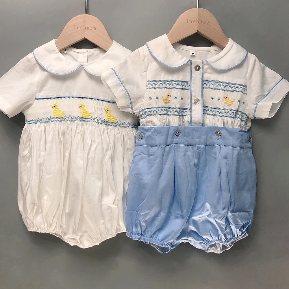 Children Boutique Clothing Summer BABI Boy Girl Handmade Smocked Cute Duck Embroidered Bubble Cotton Short Sleeves Christening