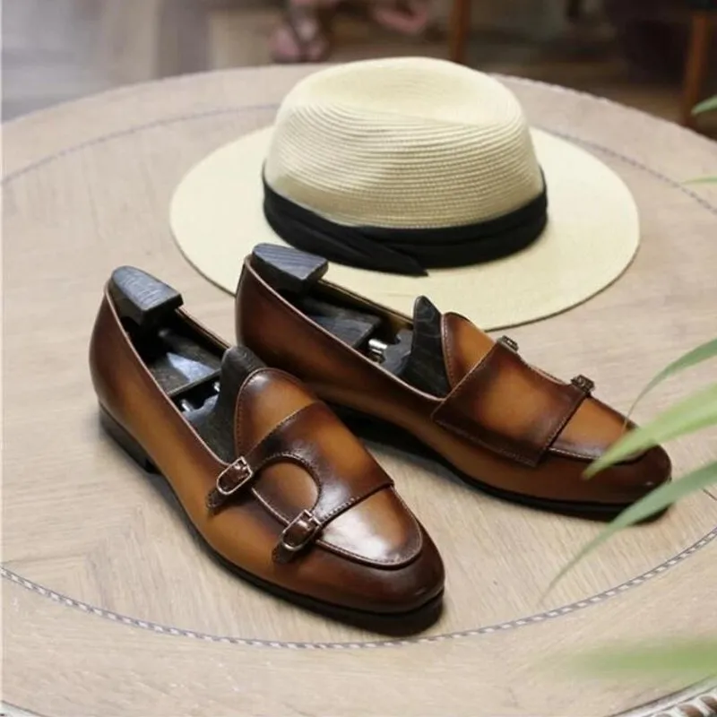 Men Monk Loafers Genuine Leather Slip on Double Buckle Mens Casual Shoes Mens Flats