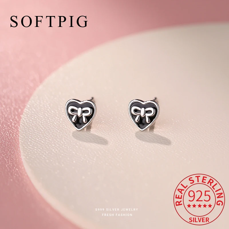 

SOFTPIG Real 925 Sterling Silver Bowknot Heart Mini Stud Earrings for Women Party Trendy Fine Jewelry Elegant Accessories
