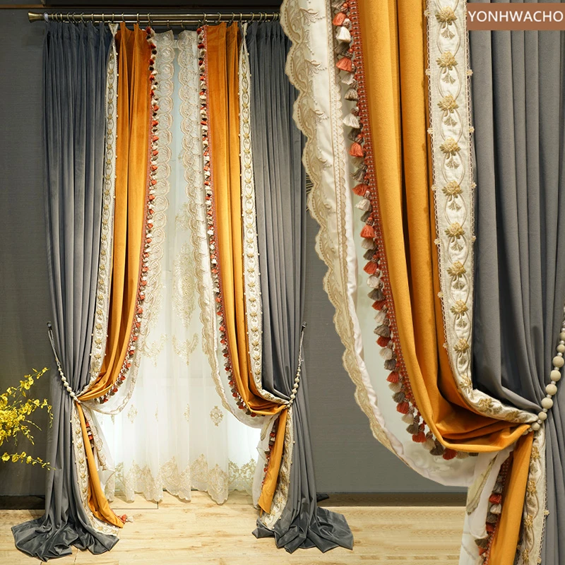

luxury thick velvet dark gray orange embroidery cloth blackout curtain C618