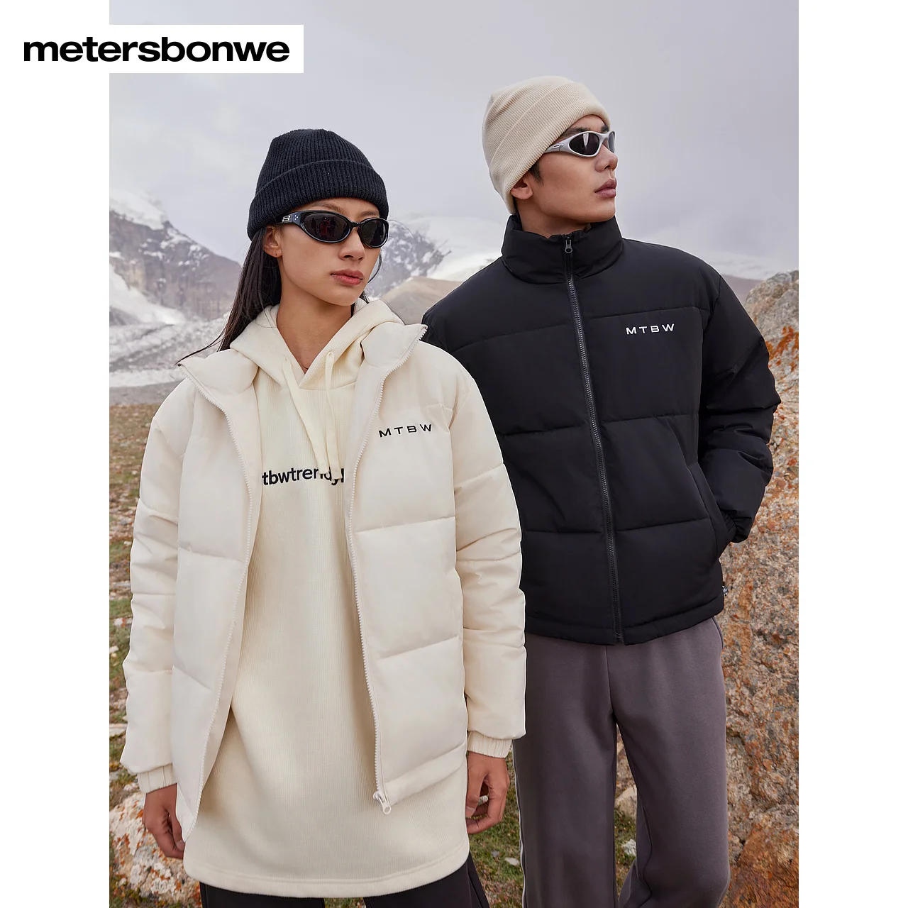 

Metersbonwe-Men Women's Stand Collar Loose Cotton-Padded Jacket Solid Color Simple Couple Warm Wear Adjustable Hem Drawstring