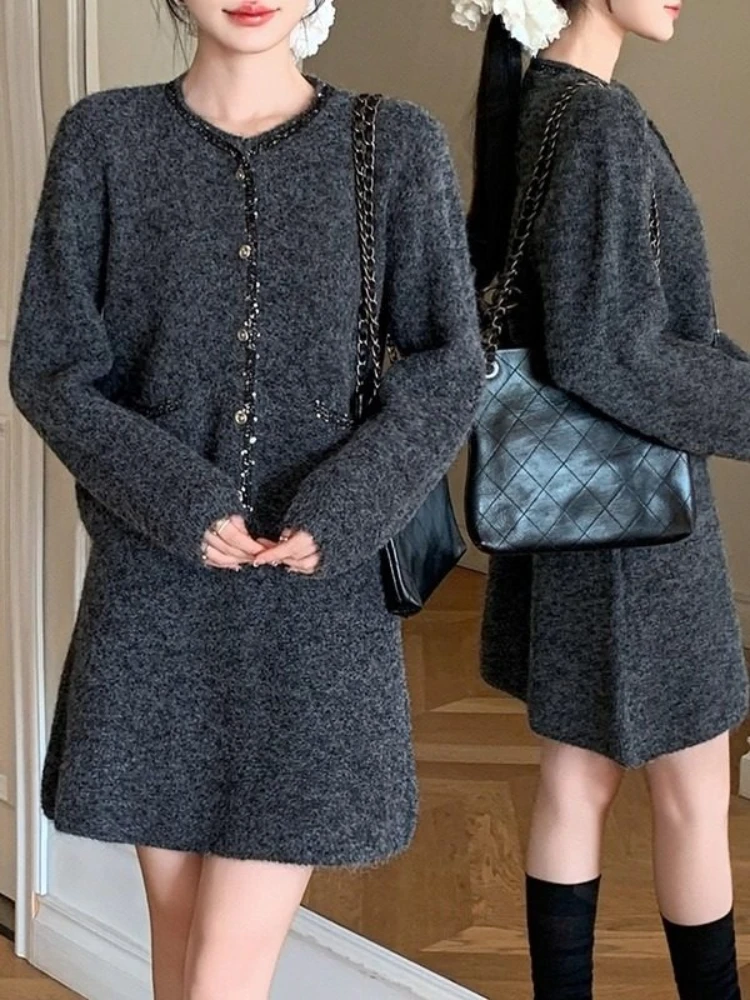 

Изысканный комплект из двух предметов в стиле кэжуал: женский вязаный кардиган с круглым вырезом и облегающая юбка, новинка осень-зима 2026