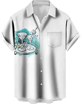 

Men'S Pocket Shirts, Patterned Pocket Shirts, Hawaiian Shirts, Roll-Neck Shirts, Cup Prints, Outdoor Street, Short - Clothing