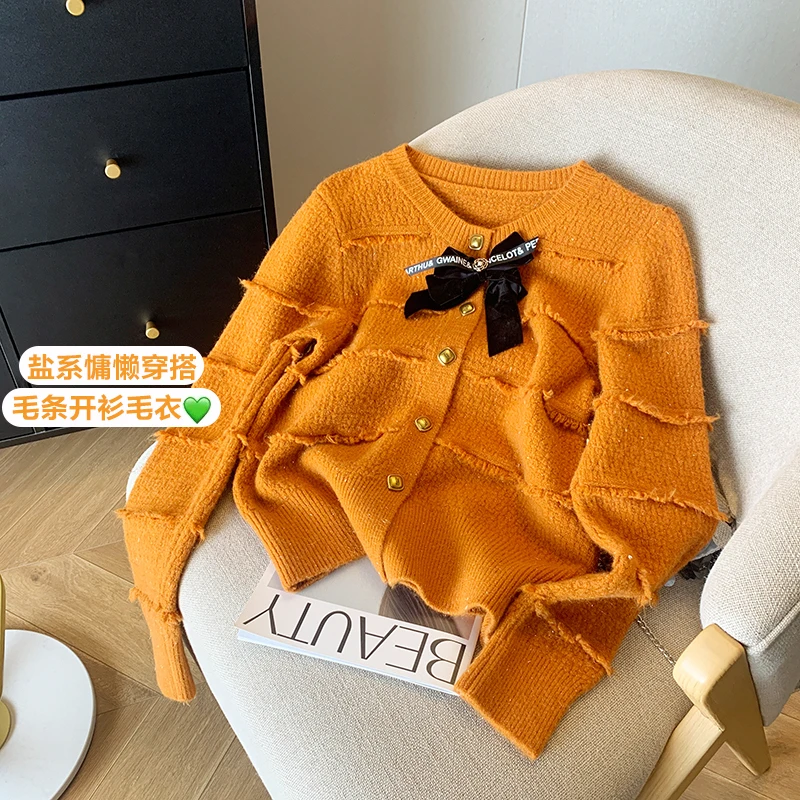 Xiaoxiangfeng Red Bow Sweater Cardigan Women's Spring, Autumn, Winter Slim Fit Short Knitted Coat