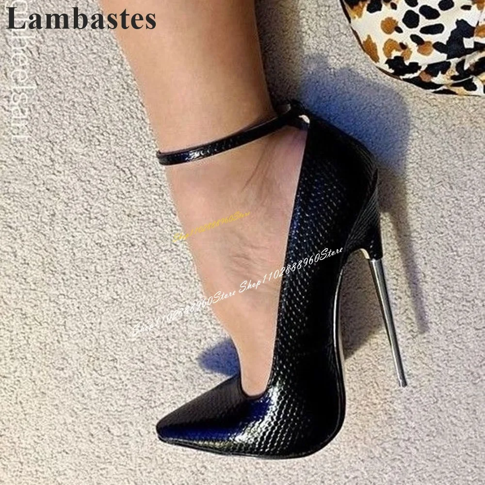 

Black Snake Skin Metal Heel 16cm Pumps Thin High Heel Women Shoes Ankle Buckle Strap Pointed Toe 2024 Sexy Zapatos Para Mujere