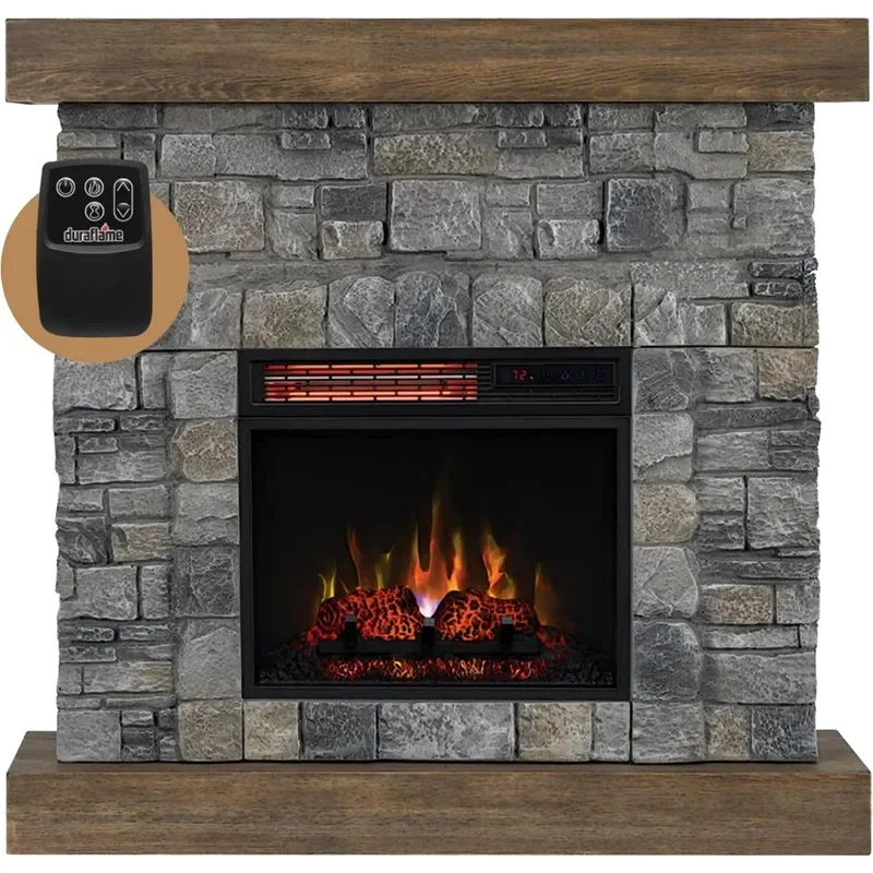 Raeford 40 Inch Wood Fireplace Mantel with Stone Brick Surround and 18