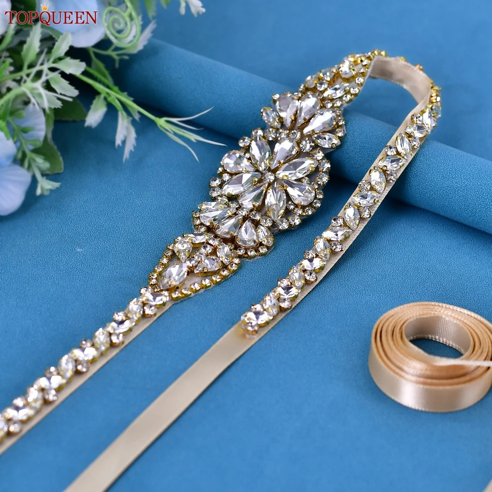 

TOPQUEEN Handmade Bridal Gold Belt Jewelry Applique Wedding Thin Sash Party Party Dress Accessories Bridesmaid Belt S489-G