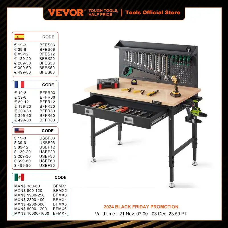 VEVOR 2000lbs Hardwood Workbench Heavy Duty Oak Plank Work Table Carbon Steel with 3m Cable 30 Hooks for Garage Office Workshop