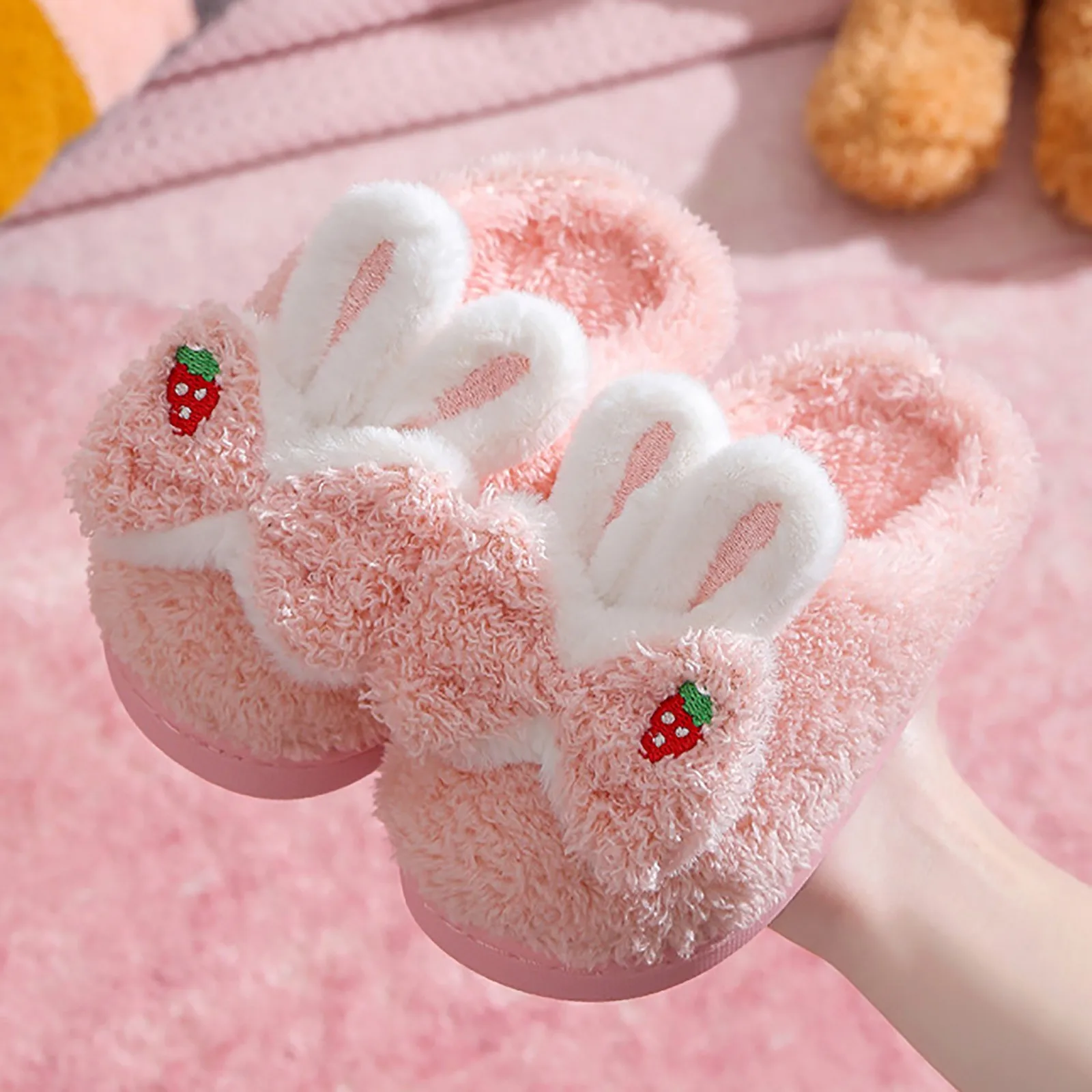 Children's Cotton Slippers Princess Warm Kids Winter Bow Rabbit Cartoon Indoor Furry Shoes Little Girl Soft Bottom Home Shoes