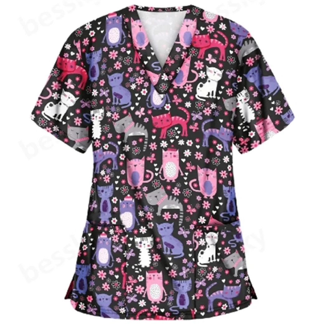 

Женский топ медсестры с короткими рукавами и V-образным вырезом с мультяшным принтом