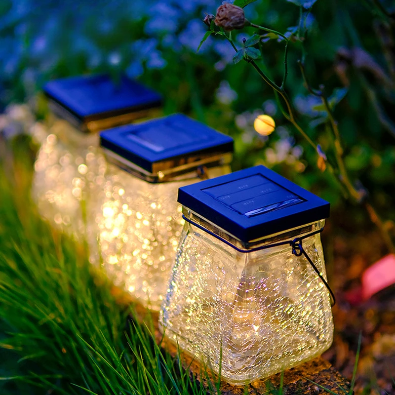 Solar Powered Cracked Hanging Lamp Outdoor Garden Courtyard Landscape Lamp Solar Powered Square Glass Desk Lamp