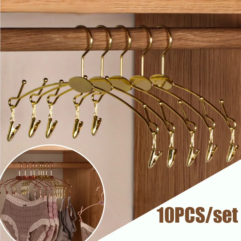 10PCS Gold Metal Hanger for Bra,Non-slip Underwear Clothes Hangers with Two Clips,Wardrobe Storage Organizer for Hanging Pants