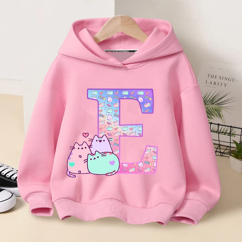 Pusheens Cute Hoodies Girls Anime Cat Letter A-Z Sweatshirt Kids Winter Thickening Warm Pullover Children Clothes Gift Hot Sales