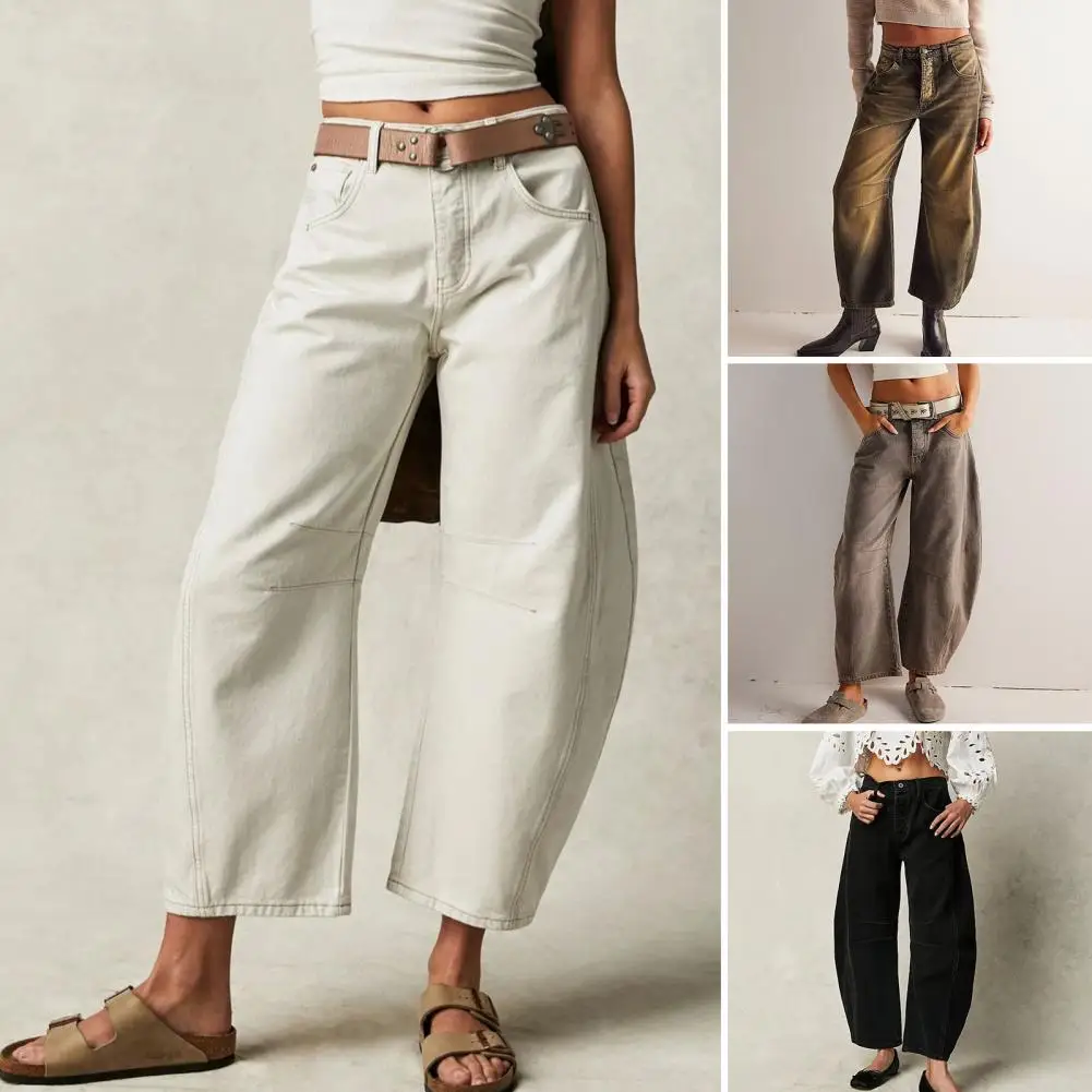 Baggy Jeans Women Denim Trousers Stylish Women's Wide Leg Jeans with Pockets Button Placket Loose Fit Ninth Pants in Solid for A