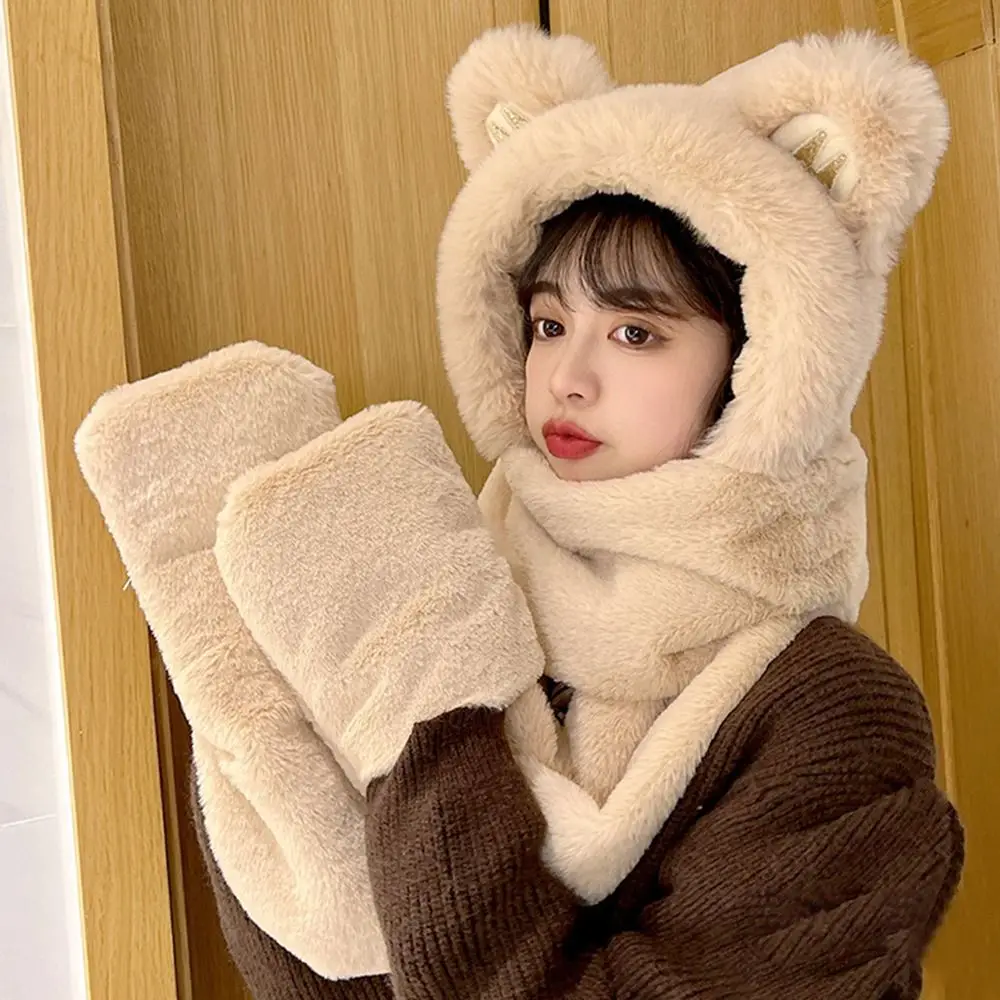 

Fashion Windproof Bear Ear Hat Plush Thickening Plush Hat Scarf Set Ear Protection Cap Winter