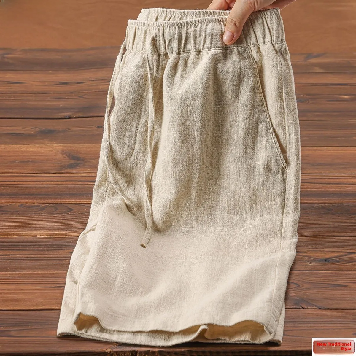 Lightweight Breathable Linen Shorts Drawstring Elastic Waist Beach Casual Loose Five-Quarter Length Men's Summer Fashion
