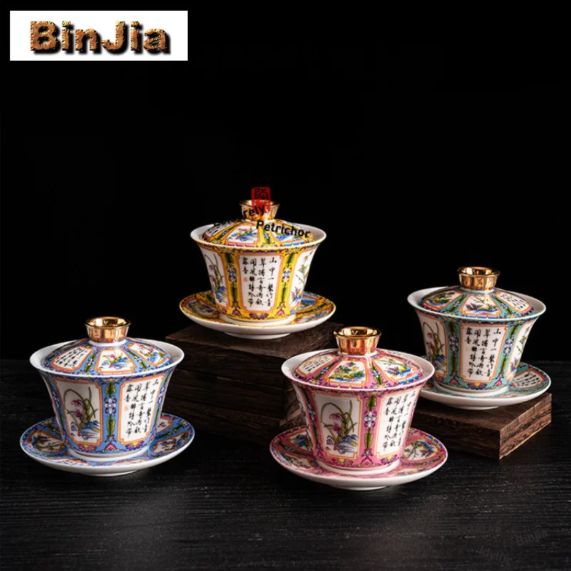 

130ml Enamel Color Thangka White Porcelain Gaiwan Creative Tea Tureen Tea Bowl with Lid Kit Tea Maker Cover Bowl Cafes Craft