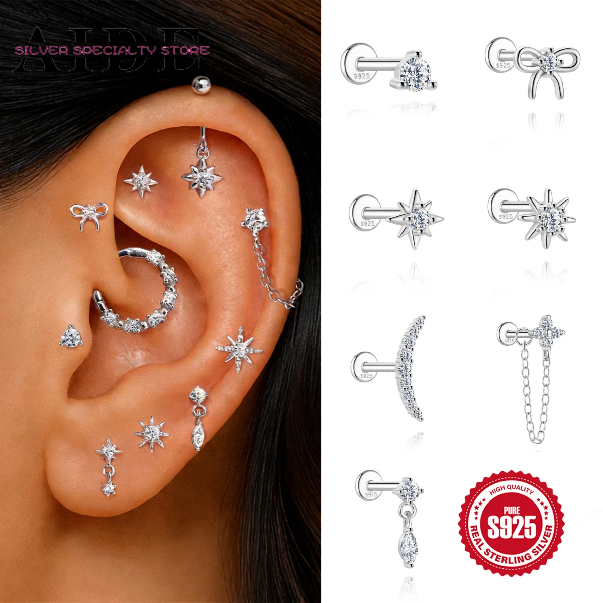 

AIDE 925 Sterling Silver Moissanite Star/Flower/Butterfly Shape Piercing Earring Women's Dainty Luxury Anniversary Gifts