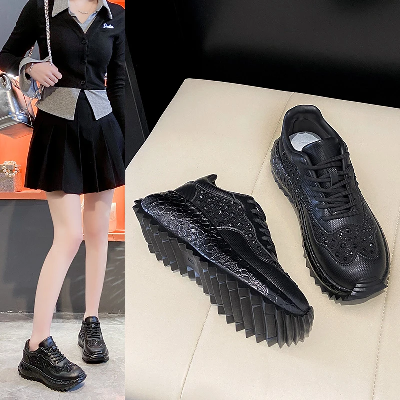 

Женская роскошная кожаная обувь, новые женские кроссовки со стразами, дышащие повседневные дизайнерские кроссовки на платформе со стразами, Zapatos De Mujer