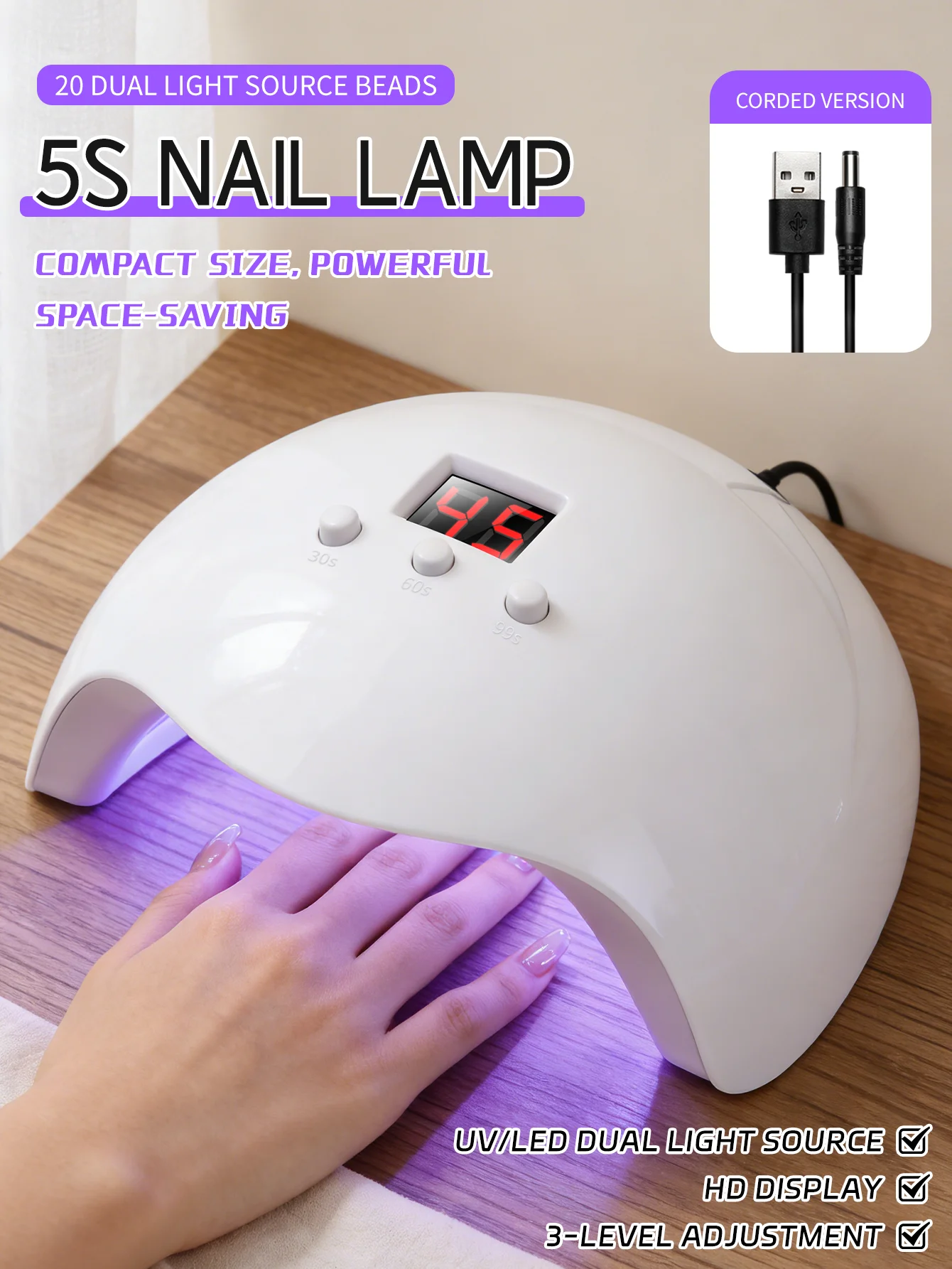 

1 шт., 20-ламповая белая УФ-лампа для дизайна ногтей, профессиональная сушилка для ногтей, лампа для гель-лака, УФ-лампа для дизайна ногтей, светодиодная сушилка с 3 скоростями