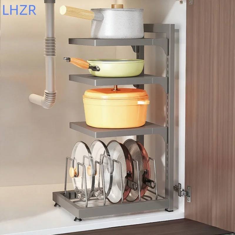 

Under sink L shaped adjustable multi level storage space saving cookware organizer with organizer for pots