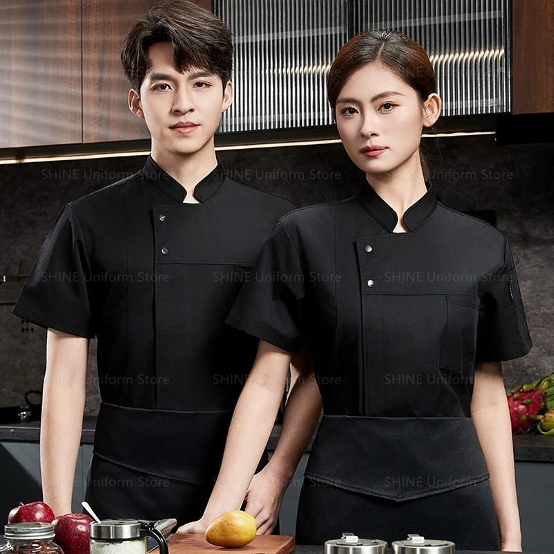 Restaurant Chef shorts Summer Men Kitchen short sleeve Jacket Breathable Chef coat black Chef uniform apron work clothes logo