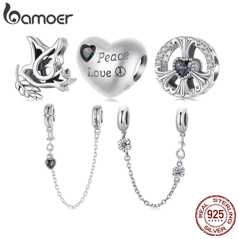 

BAMOER Anti-war Series 925 Sterling Silver Peace Dove & Love Heart Charm Bead fit Original Bracelet DIY Charm for Jewelry Making