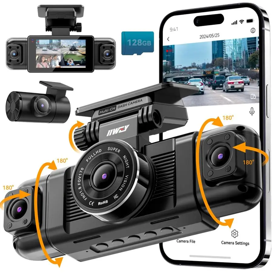 N5 4 قنوات Dash Cam 360 View، 1080P أمامي وخلفي، كاميرا داش يسار يمين للسيارات، 8 مصابيح IR للرؤية الليلية، 5G WiFi a