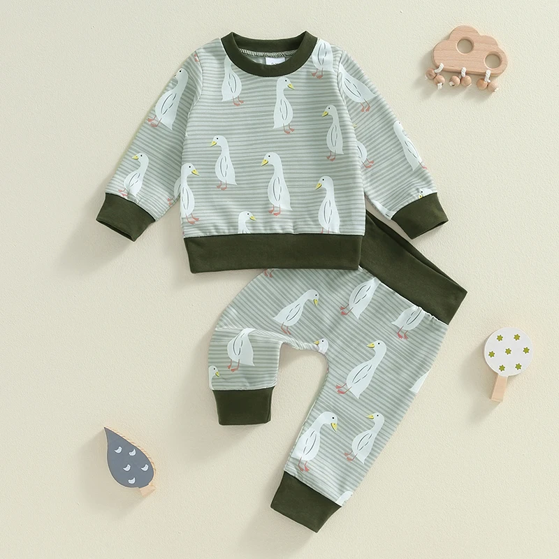 

Suefunskry Baby Boy Girl Fall Outfit, Cartoon Duck Print Long Sleeve Sweatshirt Tops Elastic Waist Pants 2 Piece Set