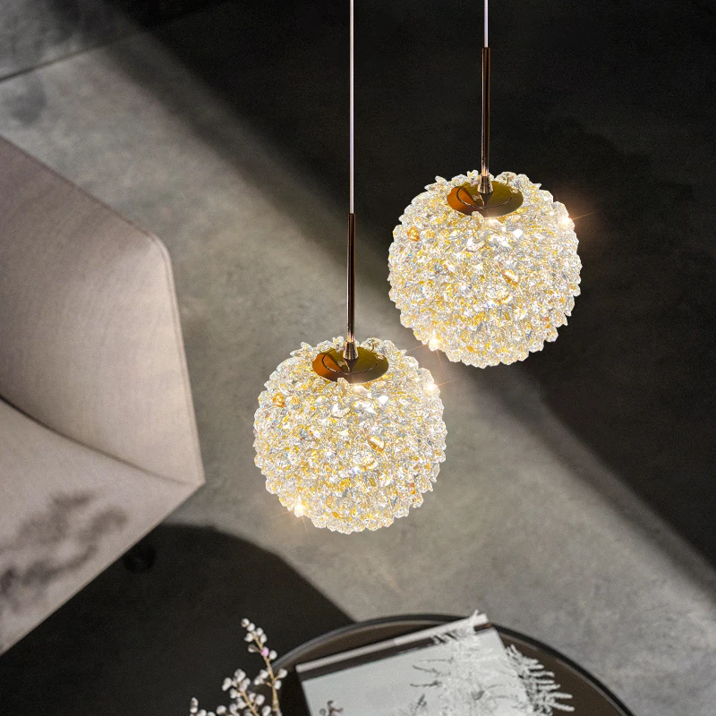 

Warm and Romantic Crystal Lamp Bedhead Small Pendant Light Luxury Round Ball Room Long Line Pendant Lamp