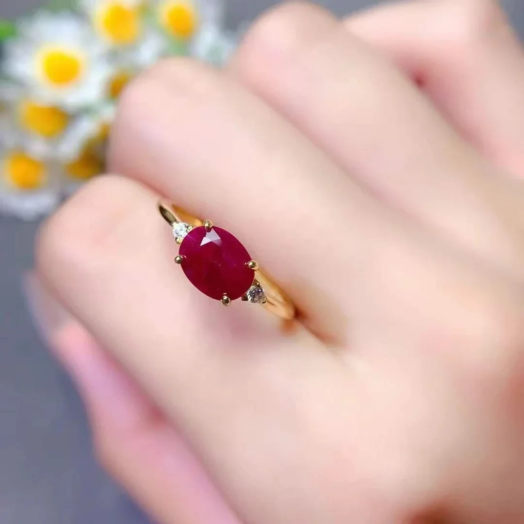 Natural Ruby Engagement Ring for Women 6mm*8mm 1ct Genuine Ruby Silver Ring with Thick Gold Plating Keep Shining