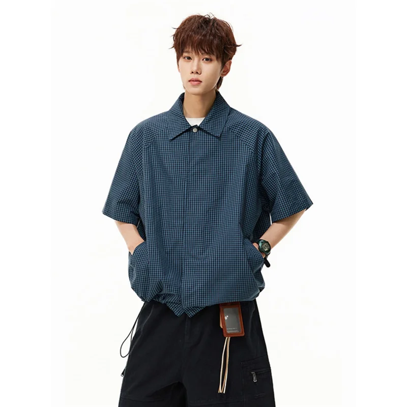 

Miu Blue Plaid ort Sve irt Men Women Casual Loose Lazy Feeling Spring Summer y T-irt Jaet PU Material Sunscreen