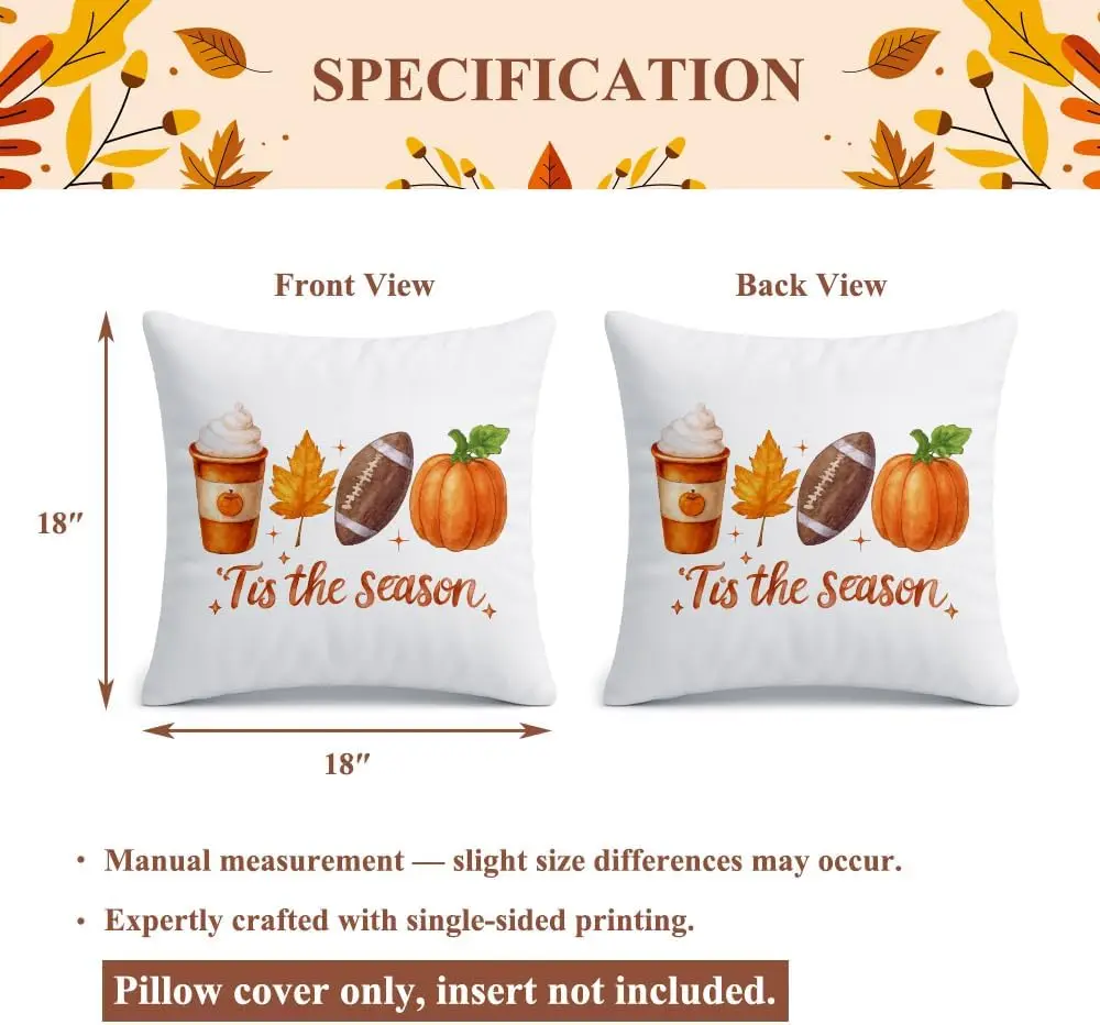 Fall Pillow Covers 18x18 Decoration for Home,Tis The Season,Autumn Football Pumpkin Maple Leaves Decor Pillow Cover for Bedroom,